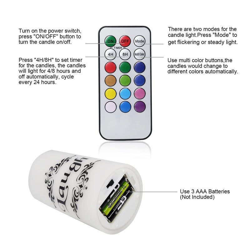 DRomance شموع DRomance الملونة التي تتغير بدون لهب تعمل بالبطارية مع جهاز تحكم عن بعد بـ 18 مفتاح، 3 عبوات من شمع حقيقي مع ملصق عيش الحب اضحك، شموع LED متلألئة على شكل أعمدة لتزيين حفلات الزفاف والعطلات (3" × 4"، 5"، 6") - Image 4